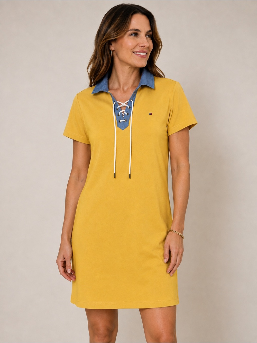 Tommy Hilfiger Mustard Yellow Lace-Up Polo Dress L